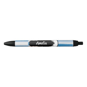 Personalised Modern Blue Peach Watercolor Striped Black Ink Pen