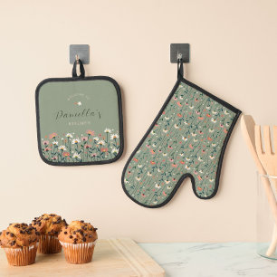 Personalised Modern Boho Chic Wildflower  Oven Mitt & Pot Holder Set