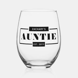 Personalised Modern Bold Auntie Est New Aunt Stemless Wine Glass