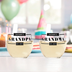 Personalised Modern Bold Grandpa Grandma Est  Stemless Wine Glass