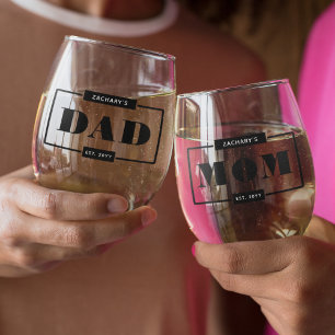 Personalised Modern Bold Mum Dad Est New Parents Stemless Wine Glass