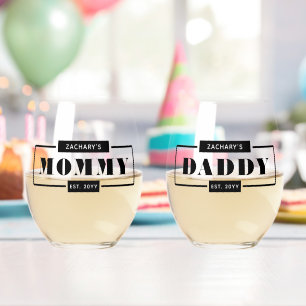 Personalised Modern Bold New Mummy and Daddy Est Stemless Wine Glass