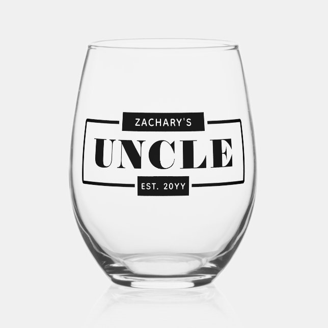 Personalised Modern Bold Uncle Est New Uncle Stemless Wine Glass (Front)