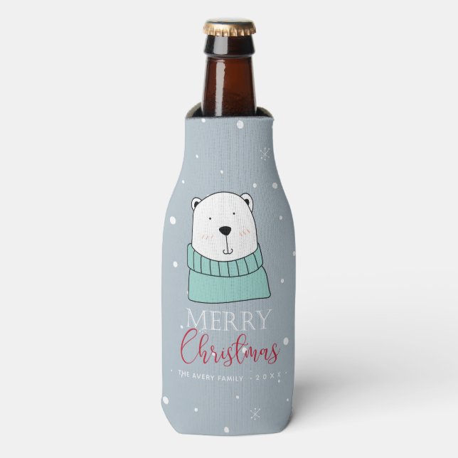 Personalised Modern Christmas Bear Bottle Cooler (Bottle Front)