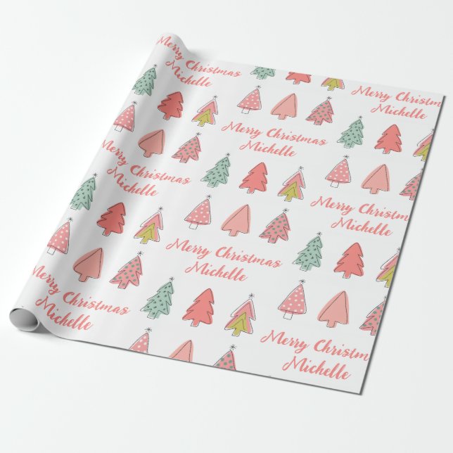 Personalised Modern Christmas Pink Pine Tree       Wrapping Paper (Unrolled)