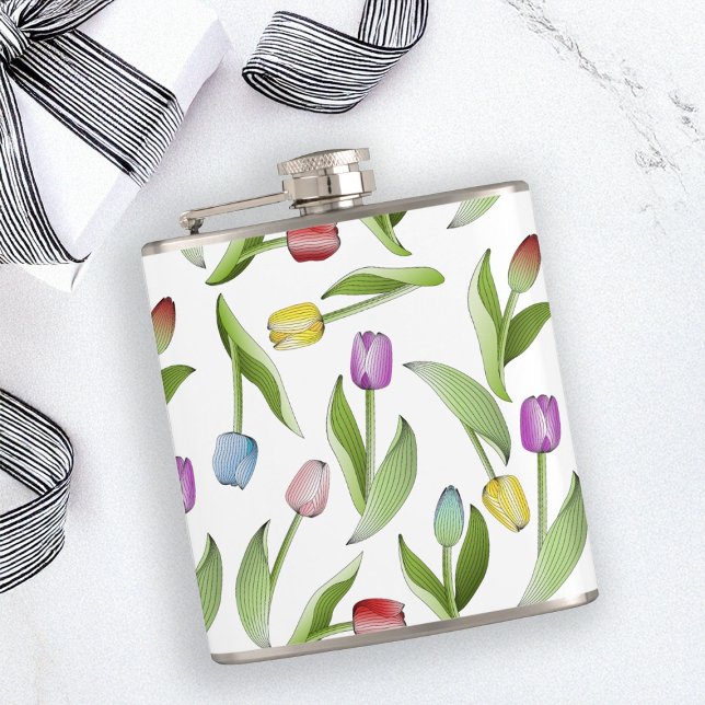 Personalised Modern Colourful Tulip Flower Hip Flask (Creator Uploaded)