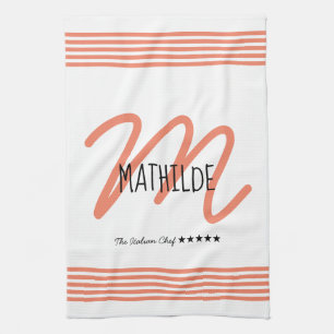 Personalised Modern Coral Elegant Monogram Chef Tea Towel