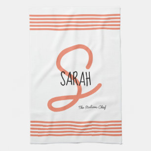 Personalised Modern Coral Elegant Monogram Chef Tea Towel