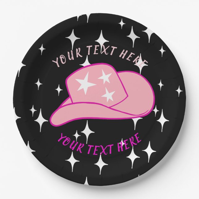 Personalised Modern Cowgirl Hat Starburst Black Paper Plate (Front)