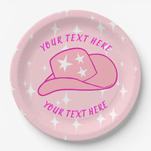 Personalised Modern Cowgirl Hat Starburst Pink Paper Plate