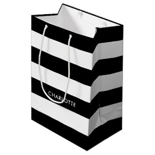 Personalised Modern Elegant Black and white stripe Medium Gift Bag