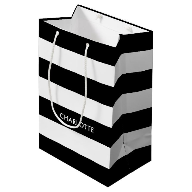 Personalised Modern Elegant Black and white stripe Medium Gift Bag (Front Angled)