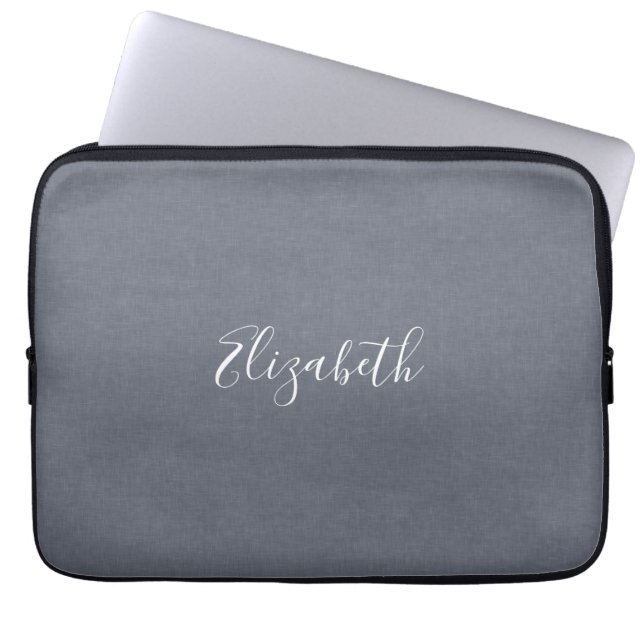 Personalised Modern Elegant Blue Grey Linen Laptop Sleeve (Front)