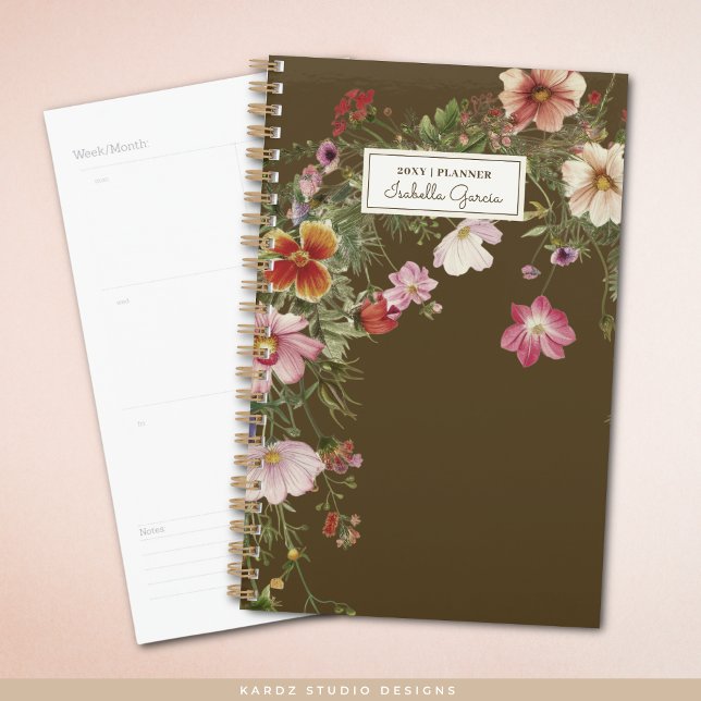 Personalised Modern Elegant Floral Planner (The front of small planner is shown, and a sample of an inside page. Choose small or standard size.)