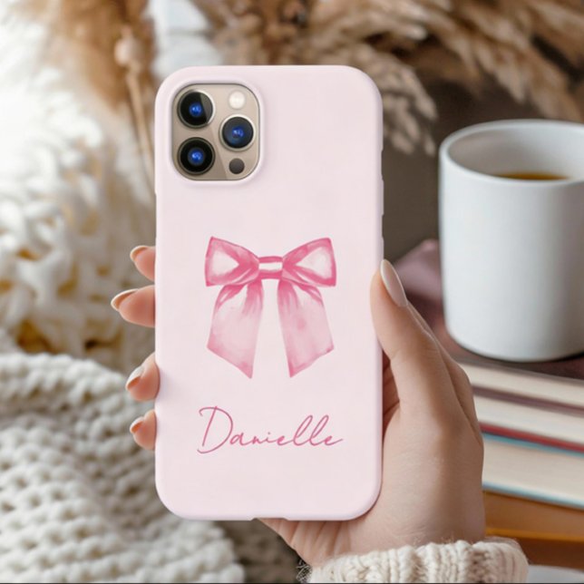 Personalised Modern Elegant Pink Bow Case-Mate iPhone Case (Barely there iphone case is shown on image. Add your name and choose the one for your iphone model.)