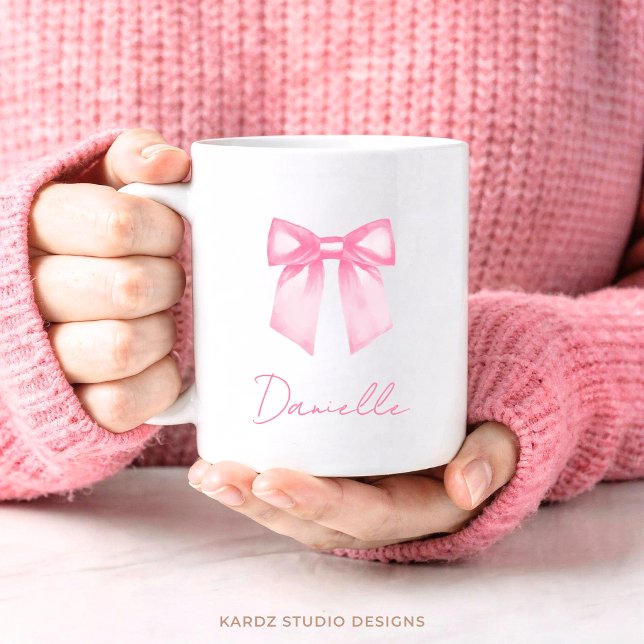 Personalised Modern Elegant Pink Bow Name Mug (An 11-oz mug is shown, add name and choose mug size and style.)