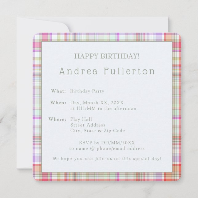 Personalised Modern Elegant Plaid Birthday Party Invitation (Front)