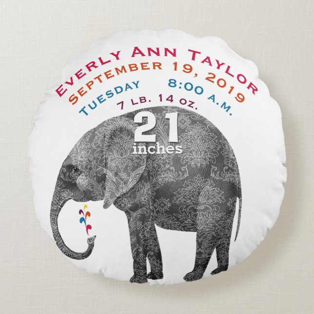 Personalised Modern Elephant Baby Nursery Round Cushion (Front)