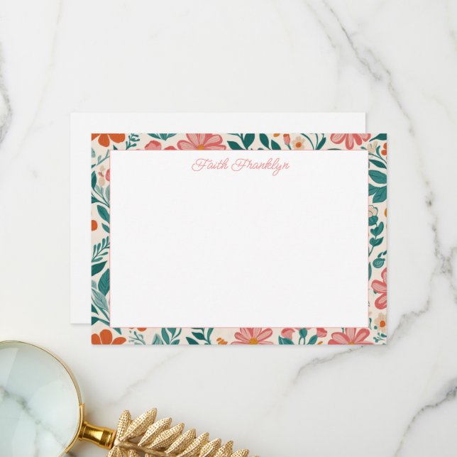 Personalised Modern Floral Girls Stationery Thank You Card (Front/Back In Situ)