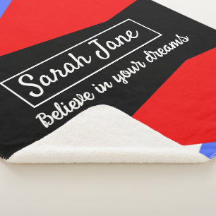 Personalised Modern Geometric Red & Blue Sherpa Blanket