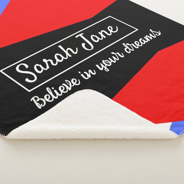 Personalised Modern Geometric Red & Blue Sherpa Blanket (3/4)