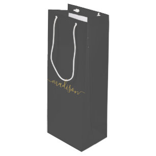 Personalised Modern Girly Chic Gold Script Grey Wine Gift Bag