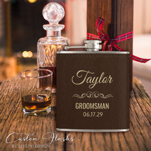 Personalised Modern Gold Script of Brown Leather Hip Flask