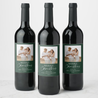 Personalised Modern Green Family Photo Christmas Wine Label