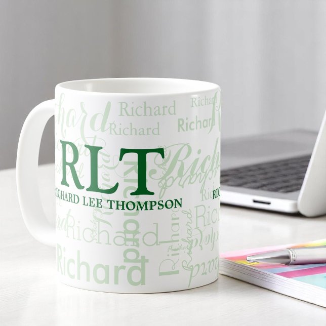 Personalised Modern Green Name Monogram  Coffee Mug (Creator Uploaded)