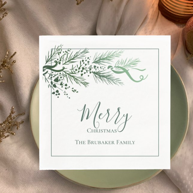 Personalised Modern Green Pine Unique Christmas Napkin (Add modern style, personalized family name napkins with original art pine greenery Merry Christmas )