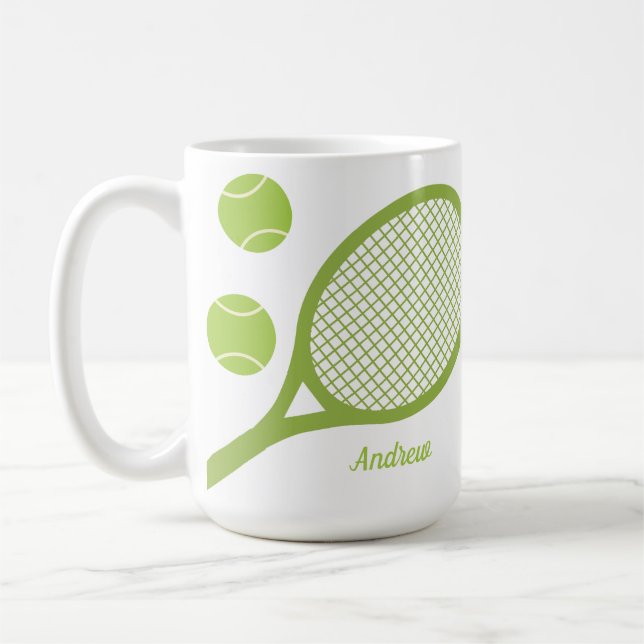 Personalised Modern Green Tennis Ball Racket Coffee Mug (Left)