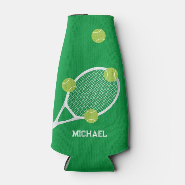 Personalised Modern Green Tennis Racket Ball Bottle Cooler (Front)