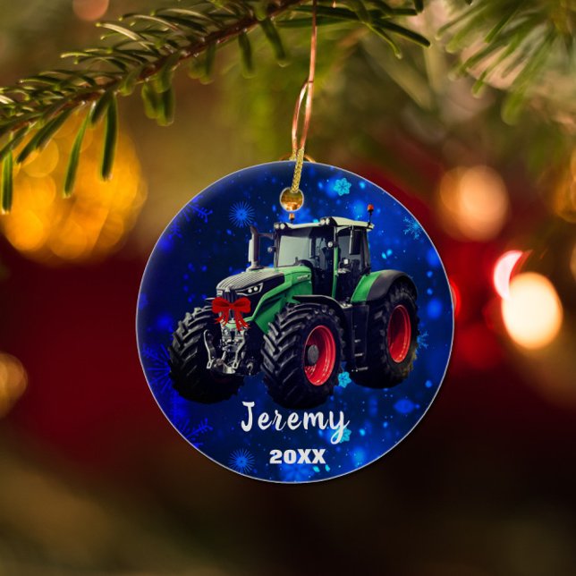 Personalised Modern Green Tractor "Christmas 20XX" Ceramic Ornament (Creator Uploaded)