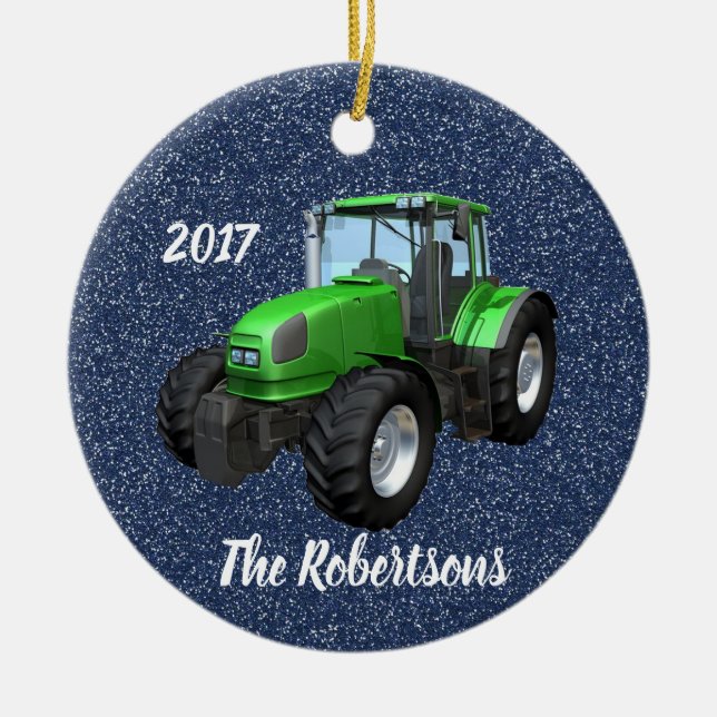 Personalised Modern Green Tractor on Blue Ceramic Tree Decoration (Front)