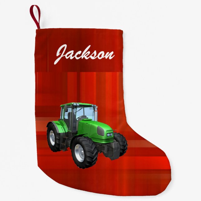 Personalised Modern Green Tractor on Red Small Christmas Stocking (Front)