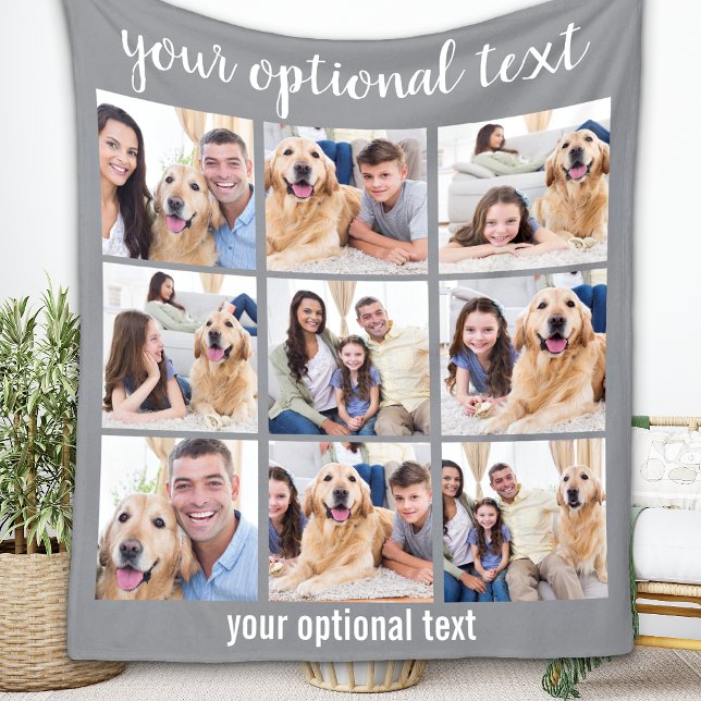 Personalised Modern Grey 9 Photo Collage Fleece Blanket (Creator Uploaded)