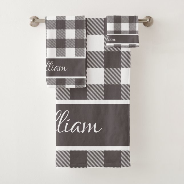Personalised Modern Grey White Buffalo Checks Bath Towel Set (Insitu)