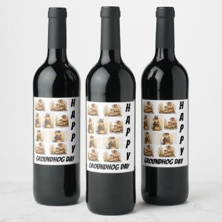 Personalised Modern Groundhog Day 9 Photo Collage Wine Label