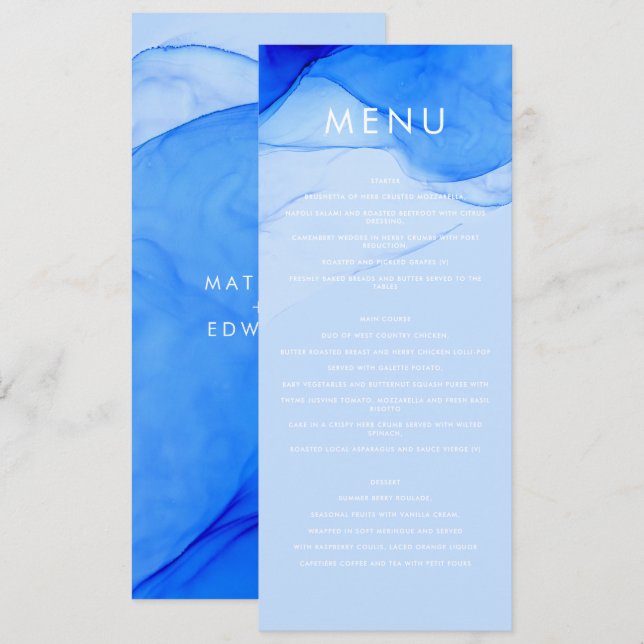 Personalised Modern Ink Wedding Menu Bold Blue (Front/Back)