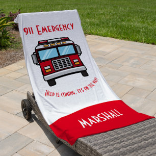Personalised modern kids firetruck Beach Towel