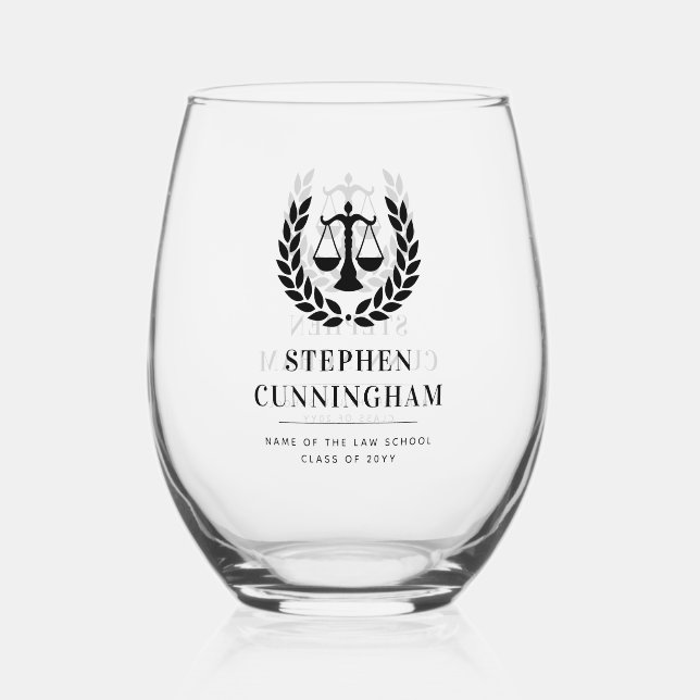 Personalised Modern Law School Graduation Stemless Wine Glass (Front)