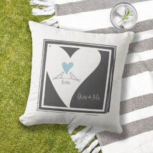 Personalised Modern Love Birds Light Blue Heart Cushion