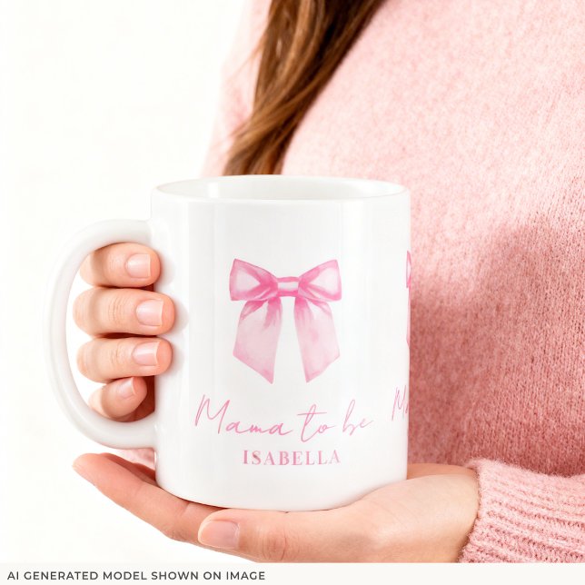 Personalised Modern Mama To Be Pink Bow Mug (An 11-oz mug is shown. Customize it with name and choose mug style and size.)