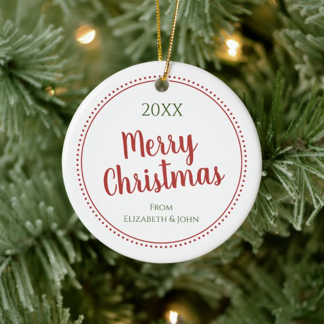 Personalised Modern Merry Christmas Dotted Border Ceramic Ornament (Tree)