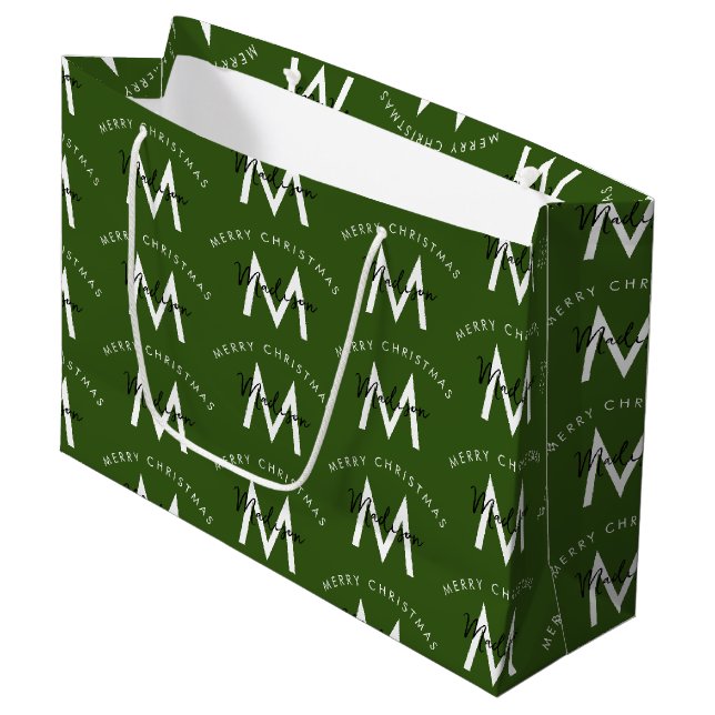 Personalised Modern Merry Christmas Green Monogram Large Gift Bag (Front Angled)