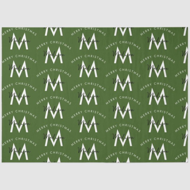 Personalised Modern Merry Christmas Green Monogram Tissue Paper (Front)