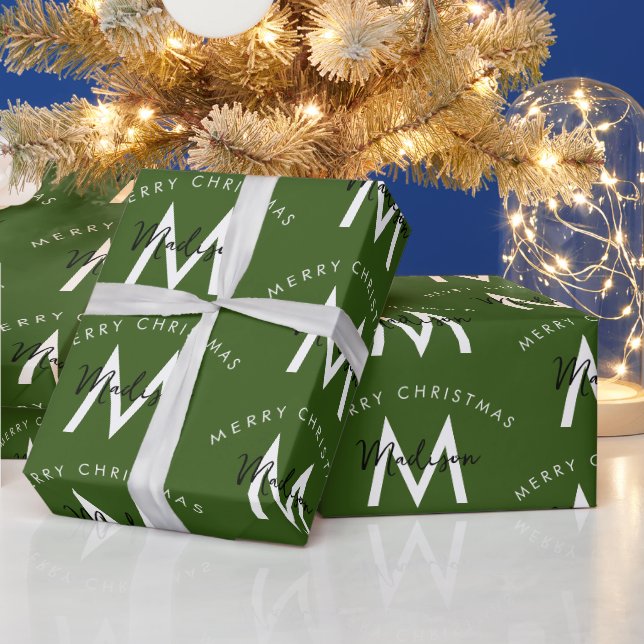 Personalised Modern Merry Christmas Green Monogram Wrapping Paper (Holidays)