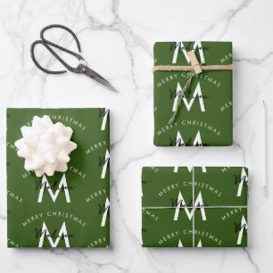 Personalised Modern Merry Christmas Green Monogram Wrapping Paper Sheet