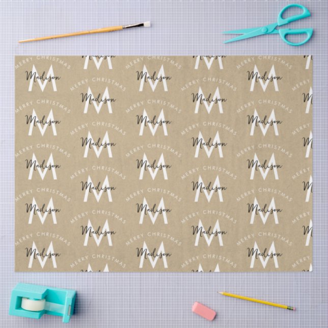 Personalised Modern Merry Christmas Kraft Monogram Tissue Paper (Craft)