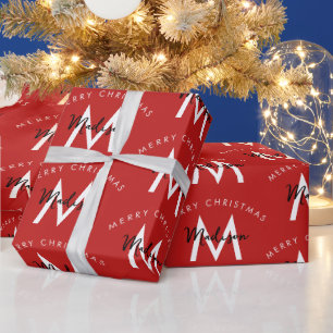 Personalised Modern Merry Christmas Red Monogram Wrapping Paper